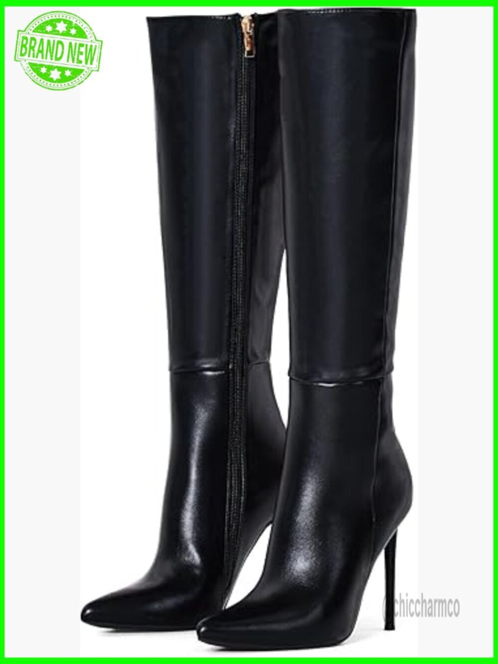 Stiletto Knee High Boots Pointed Toe 4 Inch Heel Faux Leather Zip Closure Tall